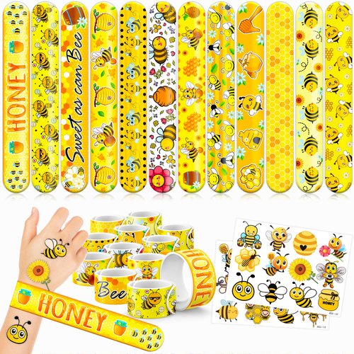 48 Bee 24PCS Bee Temporary Tattoos Sticker 24PCS Slap Bracelets Perfect for Themed Birthday Baby Showers or Classroom Rewards Ideal Decor and Gifts for Girls and Boys