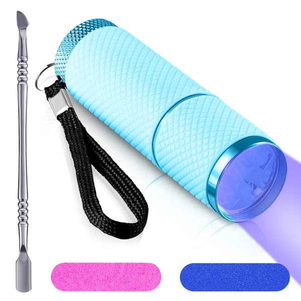 Chumia Mini UV LED Nail Lamp for Gel Nails with 9 LED and Nail Cuticle Pusher Portable Gel LED UV Nail Lamp Stainless Steel Manicure Tool with 2 Pieces Nail Files for Girl Woman Home (Blue)