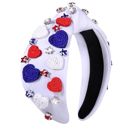 mokkia 4th of July Headband for Women American Flag Star Knotted Headbands Red White and Blue Rhinestone Crystal Top Knot Headbands Patriotic 4th of July Accessories Party Favors (Heart A)
