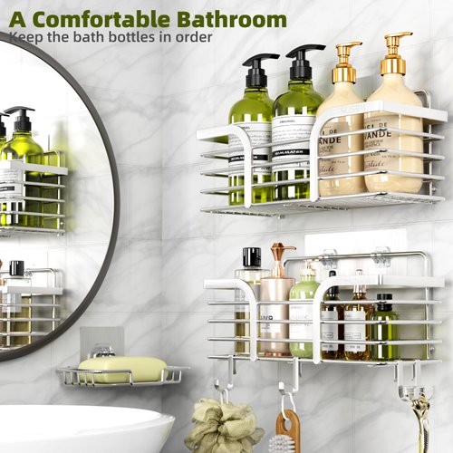 Yougai Shower Caddy Shelf with Soap Dish and 4 Hooks, SUS304 Stainless Steel Shampoo Holder Bathroom Shower Organizer No Drilling Adhesive Wall Mounted Storage Basket Accessories