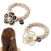 2-Pack Pearl Hair Scrunchies, Elastic Hair Rope Ponytail Holder with Floral Decor, Fancy Hair Ties for Women Girls Wedding Bridal Pearl Scrunchie with Black White Flower