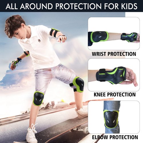 GTSBROS Knee Pads for Kids Knee Pads and Elbow Pads 6 in 1 Protective Gear Set with Wrist Guard for Boys Girls Skateboarding Inline Roller Skating Cycling Scooter…(Green)