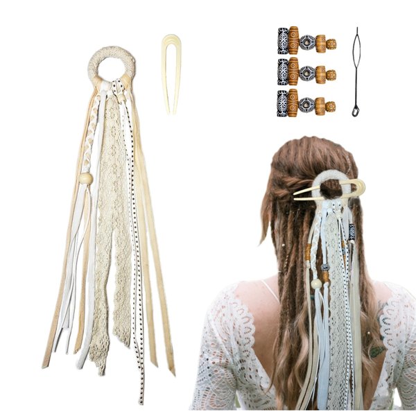 Nutty Natte Handmade Boho Dreadlock Hair Ties dread Dread Bride Hair clip Hair Barrette Braiding DIY Beads Hair Pins Hair Extension Hair Tassels Ponytail Holders Hair Accessories for Women (White)