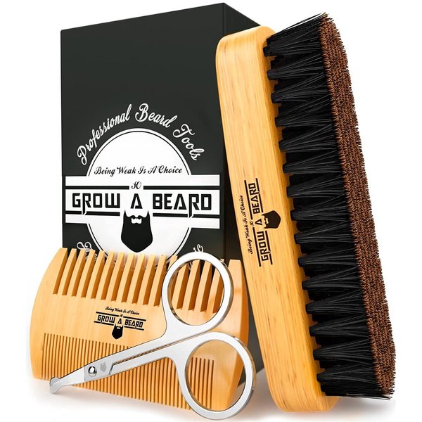 Beard Brush for Men & Beard Comb Set w/Mustache Scissors Grooming Kit, Natural Boar Bristle Brush, Dual Action Wood Comb, and Travel Bag Great for Christmas Gift (Bamboo)