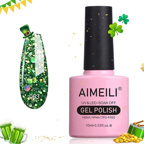 AIMEILI Soak Off U V LED Gel Nail Polish - Diamond Glitter Fire Green (063) 10ml