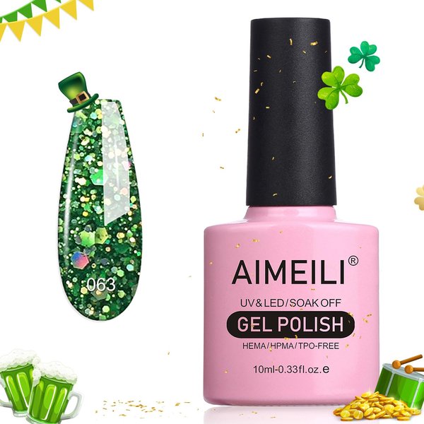 AIMEILI Soak Off U V LED Gel Nail Polish - Diamond Glitter Fire Green (063) 10ml