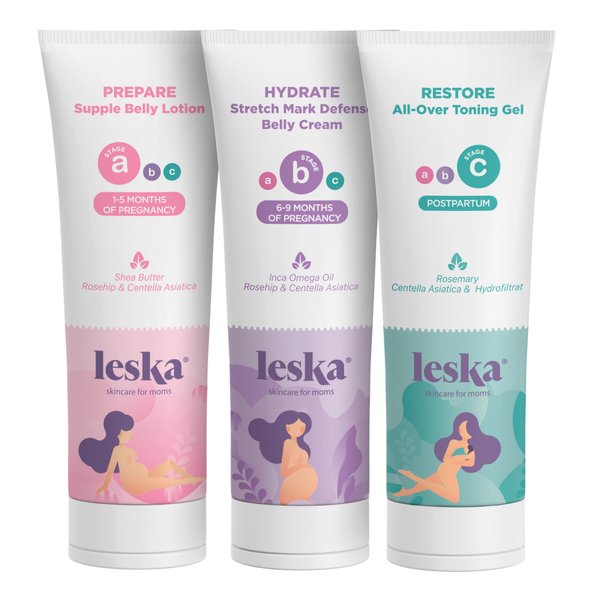 Leska Maternity Set | Belly Lotion, Stretch Mark Defense Cream, All-Over Toning Gel | All Maternity Stages Skin Care System for Pregnancy & Postpartum | New Mom Gifts (Set of 3, 4oz each)
