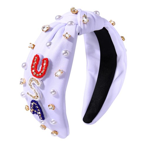 NVENF 4th of July Headbands, American Flag Star Headband Pearl Crystal Rhinestone Knotted Headbands Patriotic 4th of July Accessories Outfits for Women Holiday Gifts (American Flag 2)