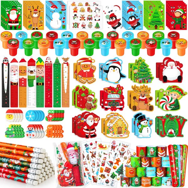 BenLouis Christmas School Stationery Set Party Favors Xmas Classroom Gift Prizes Bulk for Students Kids Holiday Stockings Pinata Filler Christmas School Goodie Bag Stuffers Decor（12set Christmas）