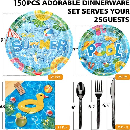 150Pcs Summer Pool Party Supplies Beach Party Supplies Set 9"& 7"Summer Pool Party Plates Napkins Knives Forks Spoons for Pool Theme Beach Party,luau Ball Water Tube Picnic Pool Birthday Party Decor