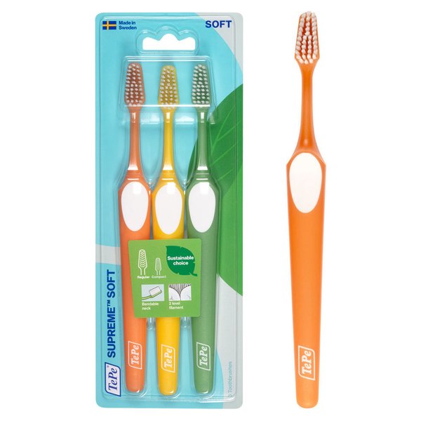TEPE Supreme Soft Bristle Toothbrush, 3 Pack, for Sensitive Teeth and Gum Care, Battery Powered, Yellow, Orange, Green