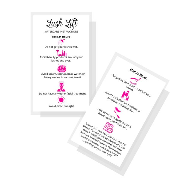 Lash Lift Aftercare Instruction Cards | 50 Pack | 2 x 3.5” inches Business Card Size | Starter Eyelash Lift Kit at Home DIY aftercare Supplies | White with Pink Icons Design