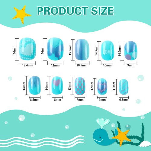 JANYUN 96 Pcs Kids False Nail Press on Nails Kids Full Cover Short False Nails Children Nail Tips Lovely Gift for Kids Little Girls Nail Art Decoration (Blue Theme)