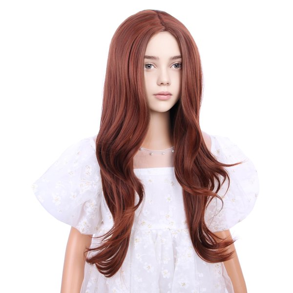 DUDUWIG Ginger Orange Wig for Kids Gilrs Long Ginger Middle Part Wig Child Long Dark Orange Wavy Curly Wig Heat Resistant Synthetic Wig with Wig Cap