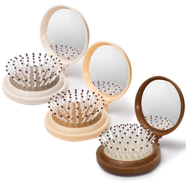 3 Pack Foldable Travel Hair Brush with Compact Mirror, Folding Pocket Hairbrush for Women Men Purse, Portable Mini Air Cushion Hair Comb for Detangling Massage Fine Thick Curly Hair (3PCS)