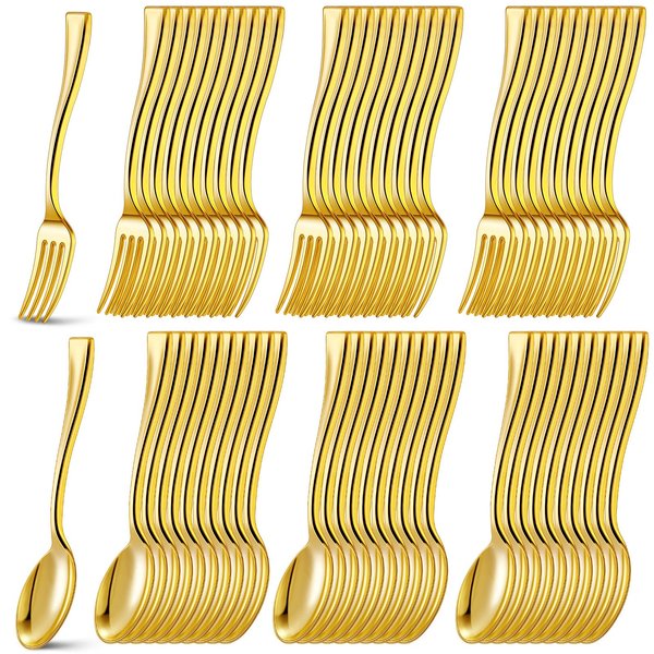 Gold Plastic Silverware Set, Plastic Gold Cutlery Utensils 4 Inch Tasting Gold Mini Forks and Spoons for Ice Cream Sample Desserts Sampling Pudding Appetizers Cocktails Party Bulk (240 Pcs)