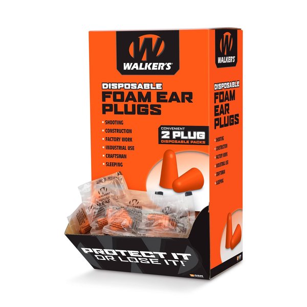 Walker's Foam Ear Plugs 200 Pair Box Counter Display, 32dB NRR Sound Suppressing Soft PU Foam Hearing Protection Range Shooting Hunting Loud Environments Adaptable Earplugs