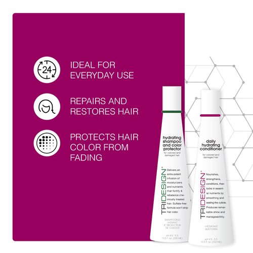 TRI Daily Hydrating Shampoo & Color Protector & Hydrating Conditioner Set for Dry & Damaged Hair to Protect, Repair & Restores Moisture to Curly, Straight, Wavy Color Treated Hair - 10.5 Ounce Each