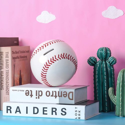 FORLONG Ceramic Piggy Bank for Boys,White Baseball Sports Coin Bank, Bedroom Decor Money Box-5.9 inch