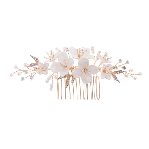 New Soft Material Polymer Clay White Flower Wedding Hair Accessories for Women Handmade Pearl Gold Wedding Hair Comb Bridal Jewelry