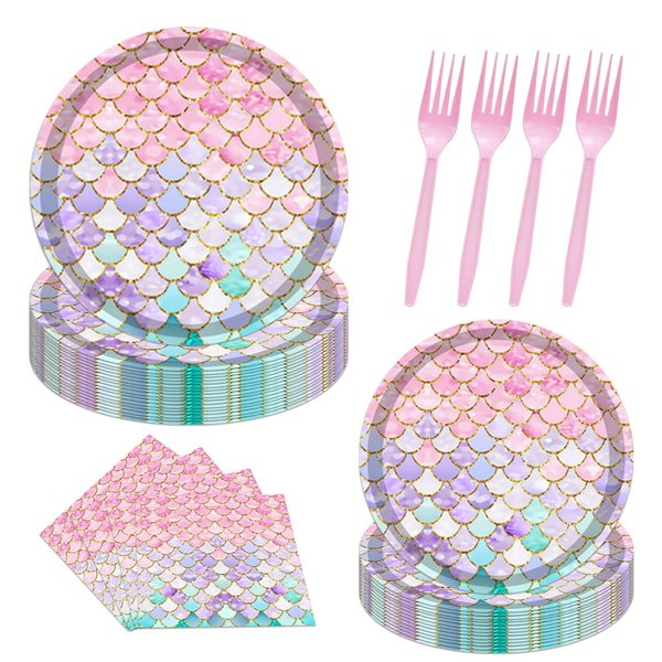 96PCS Mermaid Plates and Napkins Tableware Set Mermaid Party Supplies Mermaid Birthday Party Decorations Ocean Mermaid Theme Birthday Baby Shower Supplies Mermaid Paper Plates Napkins Forks Serve 24