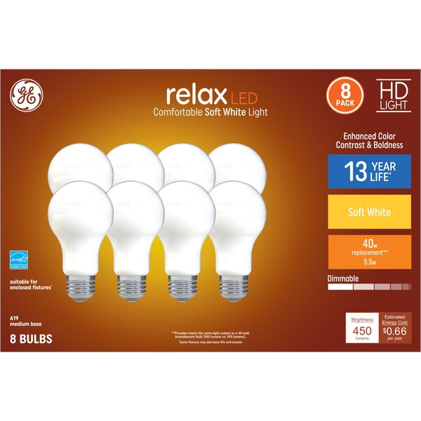 GE Relax 8-Pack 40 W Equivalent Dimmable Warm White A19 LED Light Fixture Light Bulbs 44898