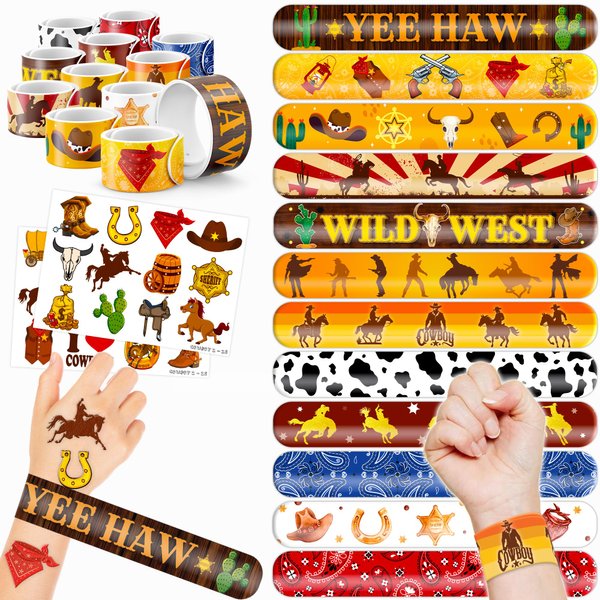 48 Cowboy 24PCS Cowboy Temporary Tattoos Sticker 24PCS Slap Bracelets Perfect for Themed Birthday Baby Showers or Classroom Rewards Ideal Decor and Gifts for Girls and Boys