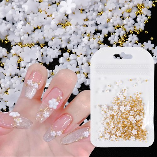 200Pcs White Acrylic Flower 3D Nail Charms Flower Nail Art Charms White Acrylic Flower Rhinestones with Gold Beads Mixed Blossom Size Metal Beads Nail Supplies for Women and Girls Nail Art Decoration