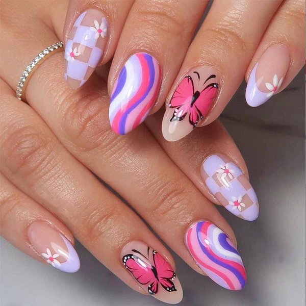 Foccna Butterfly Press on Nails Medium, Amlond Fake Nails Acrylic False Pink Nails,Artificial Nails for Women and Girls 24 pcs 