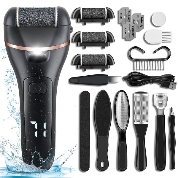 VACTO Electric Foot Callus Remover 14-in-1 Rechargeable Foot File Pedicure Kit Foot Care Tools with 3 Rollers 2 Speed LED Battery Display, Foot Scrubber Kits for Cracked Heels Callus and Dead Skin