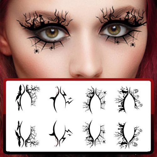 BASEMMAHER 4 Pairs Halloween Eyeshadow Eyeliner Stickers Spider Web Bat Spooky Temporary Tattoo Stickers Face Eye Makeup 3D Self-Adhesive Eye Shadow Decals for Women Girls Halloween Masquerade Party