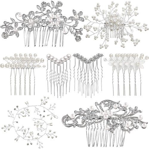 64 Pieces Wedding Hair Comb Set, Include 20 Flower Rhinestone Hair Sticks, 20 Pearl Hair Pins, 3 Crystal Pearl Combs, Pearl Wedding Hair Vine, 20 U Shaped Pearl Hair Clip (Classic Style)