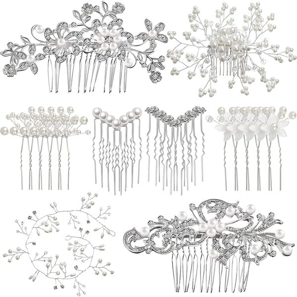 64 Pieces Wedding Hair Comb Set, Include 20 Flower Rhinestone Hair Sticks, 20 Pearl Hair Pins, 3 Crystal Pearl Combs, Pearl Wedding Hair Vine, 20 U Shaped Pearl Hair Clip (Classic Style)