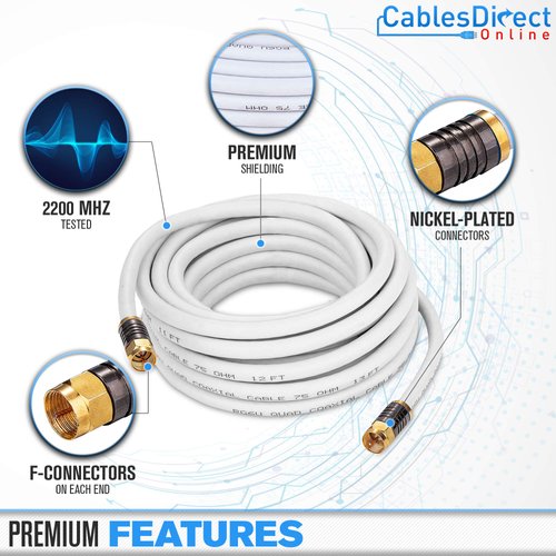 Cables Direct Online 50ft White Quad Shield RG6 Coax Cable F Pin Coaxial Tip BNC Extension Wire for Satellite Dish Cable TV Antenna