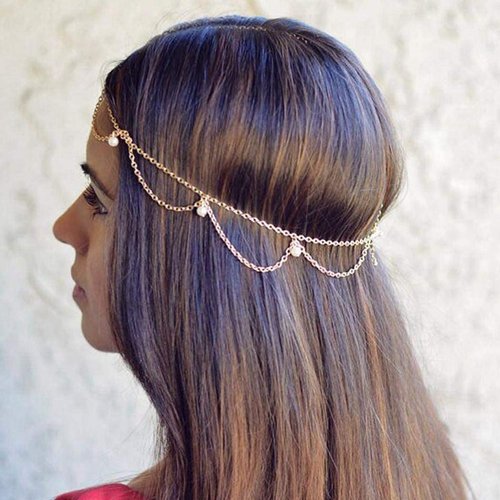 Ursumy Indian Hair Chain Festival Hair Jewelry Pearl Headchain Tassel Headpiece Wave Head Chain for Women and Girls (Silver)