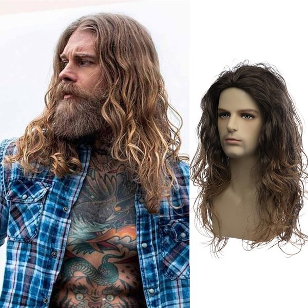 Dsimeig Men Wigs Long Curly Wavy Brown Wig Synthetic Halloween Costume Party Wig