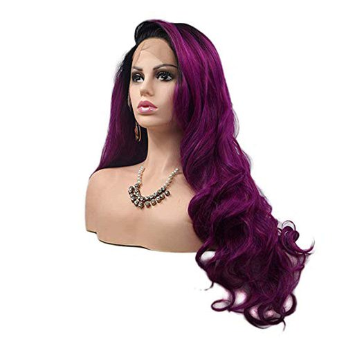Melody Synthetic Lace Front Wigs Purple Body Wave With Dark Roots 180% Density Half Hand Tied Heat Resistant Fiber Hair for Women 24'' …