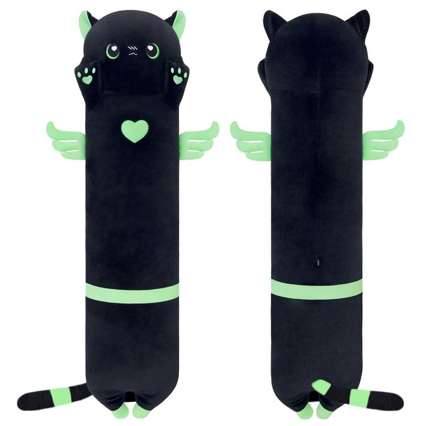 SNOWOLF Cute Long Cat Plush Body Pillow, Kawaii Cat Plushie Toys Cuddle Cartoon Stuffed Animals Soft Kitten Throw Pillow Doll Gift for Kids Girls Boys (35.5", Black)