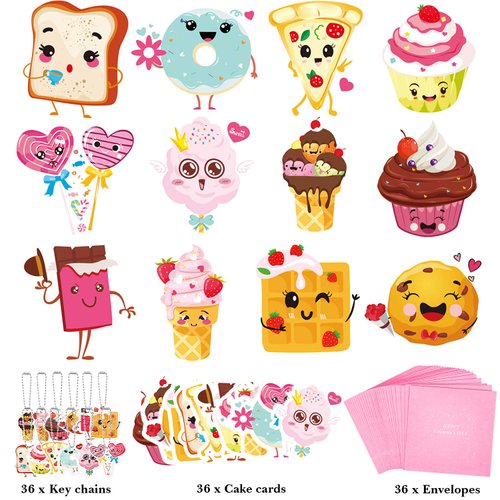 Valentines Day Cards For Kids - 36 Valentine Cards +36 Cute Keychains + 36 Pink Gift Envelopes, 12 Kids Snack Cards Party Favors, Greeting Cards Valentines Exchange Cards for Kids Boys Girls Classroom