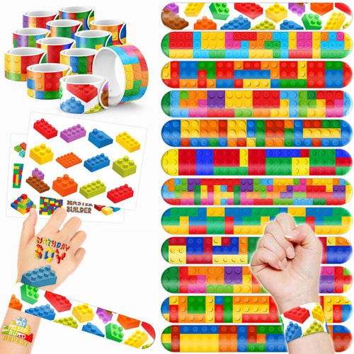 48PCS Building Block Party Favors 24PCS Tattoos 24PCS Slap Bracelets Wristbands Themed Birthdays Party Supplies Decorations Decor Pattern Girls Boys Gifts School Classroom Prize Carnival Christmas