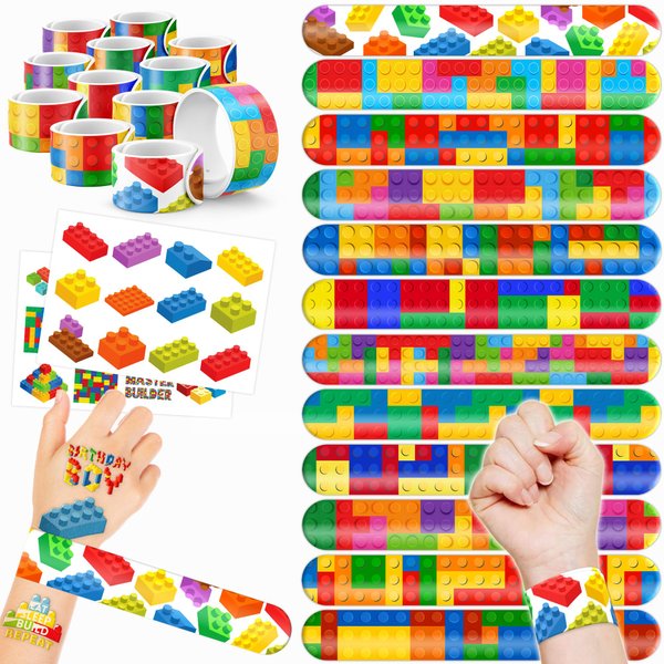 48PCS Building Block Party Favors 24PCS Tattoos 24PCS Slap Bracelets Wristbands Themed Birthdays Party Supplies Decorations Decor Pattern Girls Boys Gifts School Classroom Prize Carnival Christmas