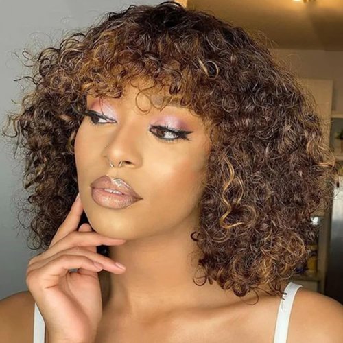 Rebecca Fashion Highlight Curly Bob Human Hair Wig with Bangs 10 Inch Short Curly Water Wave Bob Wig Human Hair Wigs for Black Women Glueless Wig 100% Brazilian Remy Hair Black Mixed Brown Color