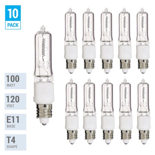 Pack of 10 – 100 Watt JDE11 Halogen candelabra bulb–100W T4 120V Light Bulbs-Clear Finish- E11 Mini-Candelabra Base T4 Bulb–Dimmable-Warm White Color– Q100CL/MC, for Chandeliers, Pendants, Table Lamps