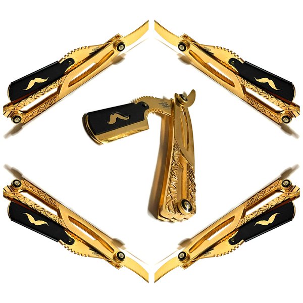 Special Texture Gold Dipped and Black Cap - All Purpose Shaving Tool - High Performance Barber Straight Edge Razor + Blades