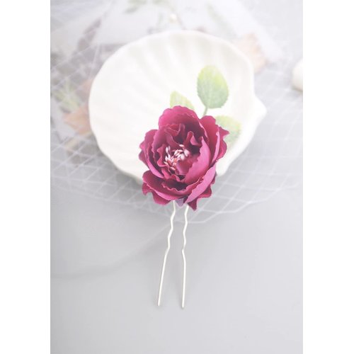 Aimimier Bridal Flower Hair Pins Burgundy Flower Green Leaf Hair Piece Boho Wedding Bridesmaid Hair Accessories