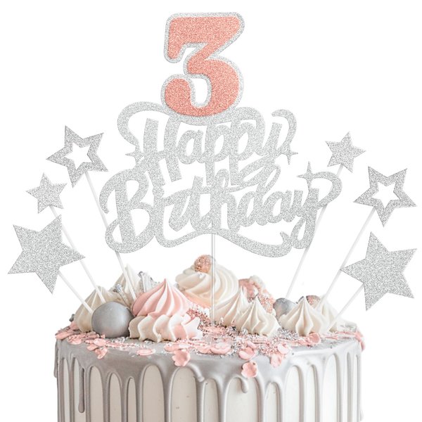 Happy 3rd Birthday Cake Topper, 3rd Birthday Party Decorations, 3 Cake Topper, Cake Supplies for Girl, Rose Gold and Silver