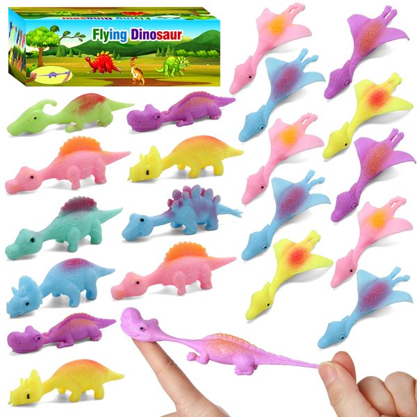 Mantyplay 38 Pcs Slingshot Dinosaur Finger Toys Party Favors for Kids Sticky Rubber Dino Flying Catapult Fidget Toys for Boys Girls Birthday Goodie Bag Easter Basket Stuffers Valentines Xmas Gifts