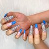 Artquee 24pcs French Blue Ballerina Diamond Long Glossy Coffin Fake Nails Press on Nail False Tips Manicure for Women and Girls