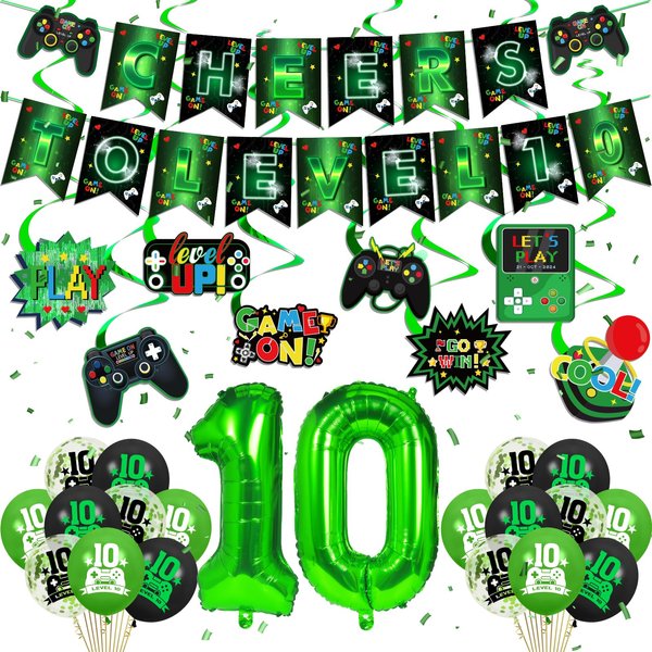 Video Game Theme 10th Birthday Party Decorations for Kids Green Black Cheers to Level 10 Banner Hanging Swirls Level Up 10 Balloons Kit for Boys Girls 10 Years Old Game Controller Birthday Supplies