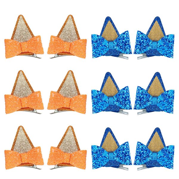 WINDKNIGHT 3 Pairs Blue Ear hair Clips and 3 Pairs Orange Ear hair Clips, Glitter Dog Ear Bow Hair Clips,Hair Accessories for Halloween Costume Cosplay